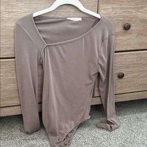 Lush Taupe Asymmetric One-Shoulder Long-Sleeve Bodysuit